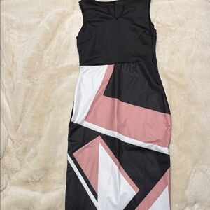 Chic Black and Pink Geometric Midi Dress
